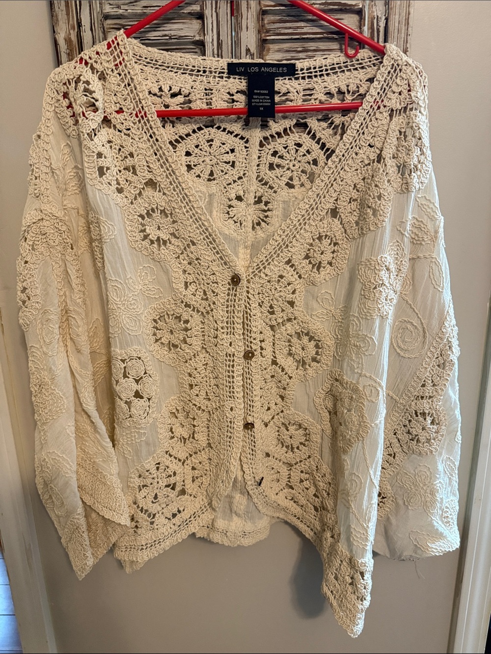 LIV Los Angeles Cream Crochet-Detail Button Cardigan